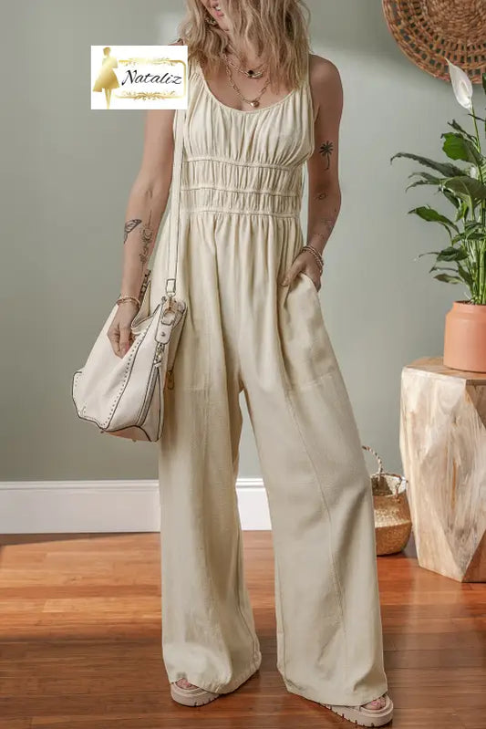 100% Cotton Beige High Waist Sleeveless Wide Leg Jumpsuit Dear-Lover Dropshipping