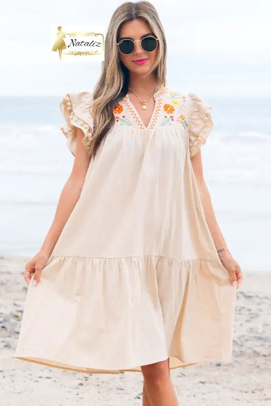 100% Cotton Embroidery  Pom Pom Ruffle Sleeves Flowy Short Dress Dear-Lover Dropshipping