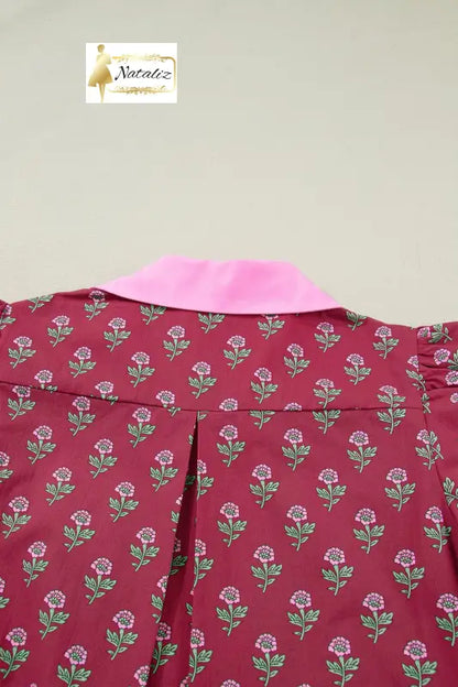 100% Cotton Red Contrast Collared V Neck Ricrac Trim Short Puff Sleeve Flower Blouse Dear-Lover Dropshipping