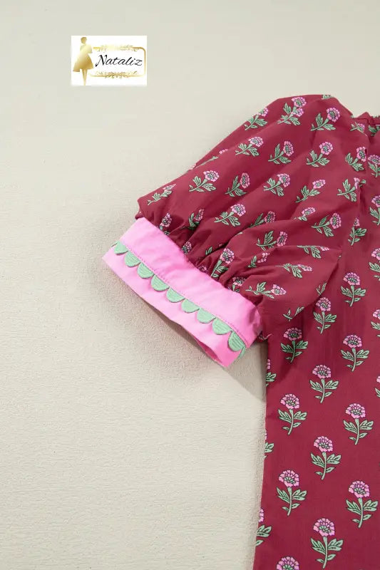 100% Cotton Red Contrast Collared V Neck Ricrac Trim Short Puff Sleeve Flower Blouse Dear-Lover Dropshipping