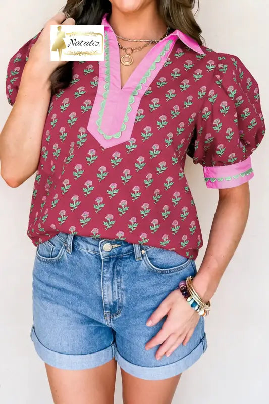 100% Cotton Red Contrast Collared V Neck Ricrac Trim Short Puff Sleeve Flower Blouse Dear-Lover Dropshipping