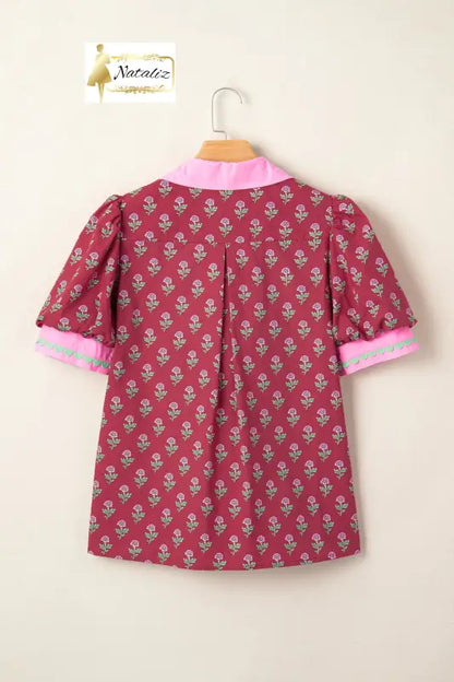 100% Cotton Red Contrast Collared V Neck Ricrac Trim Short Puff Sleeve Flower Blouse Dear-Lover Dropshipping