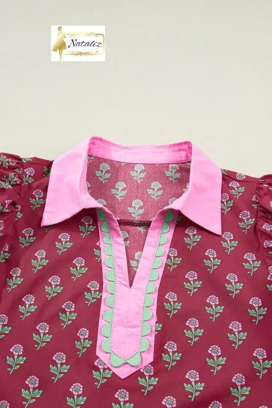 100% Cotton Red Contrast Collared V Neck Ricrac Trim Short Puff Sleeve Flower Blouse Dear-Lover Dropshipping