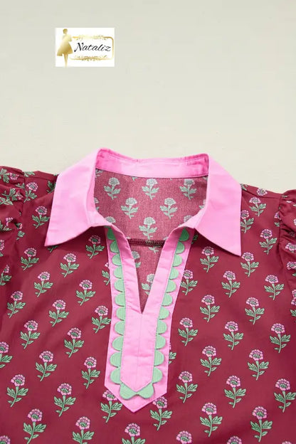 100% Cotton Red Contrast Collared V Neck Ricrac Trim Short Puff Sleeve Flower Blouse Dear-Lover Dropshipping