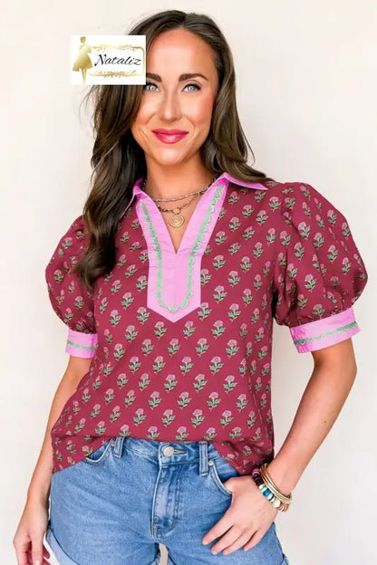 100% Cotton Red Contrast Collared V Neck Ricrac Trim Short Puff Sleeve Flower Blouse Dear-Lover Dropshipping