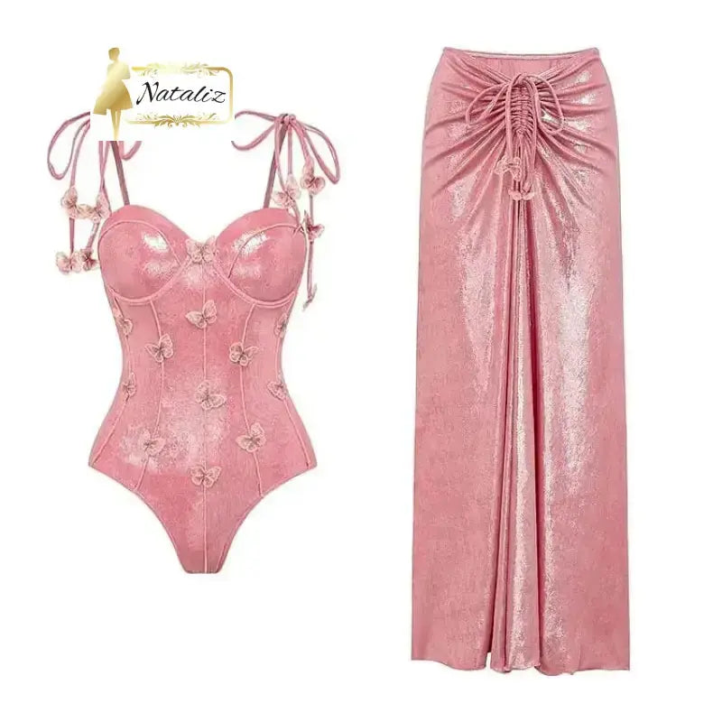 3D Butterfly Decor Pink Shiny Swimsuit Set Nataliz Boutique Shop