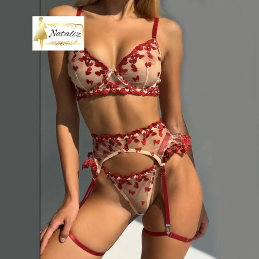 4 PCs Set Love Embroidered Mesh Lingerie Bra Panty & Bra Sets