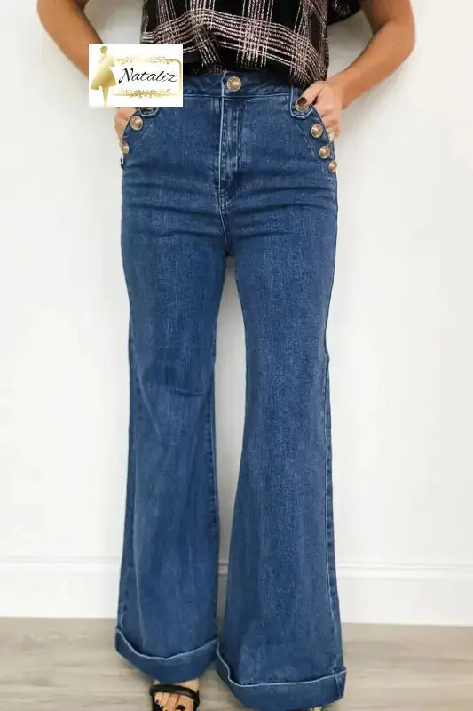 Ashleigh Blue Golden Button Detail Rolled Edge Flare Leg Jeans Dear-Lover Dropshipping