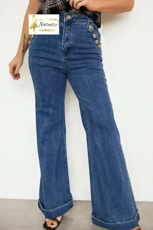 Ashleigh Blue Golden Button Detail Rolled Edge Flare Leg Jeans Dear-Lover Dropshipping