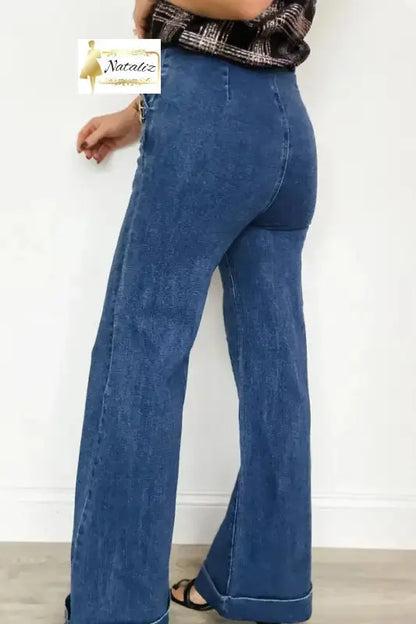 Ashleigh Blue Golden Button Detail Rolled Edge Flare Leg Jeans Dear-Lover Dropshipping