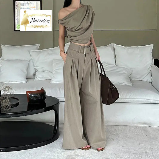 Asymmetrical Tube Top And Wide Leg Pants Two Pieces Sets