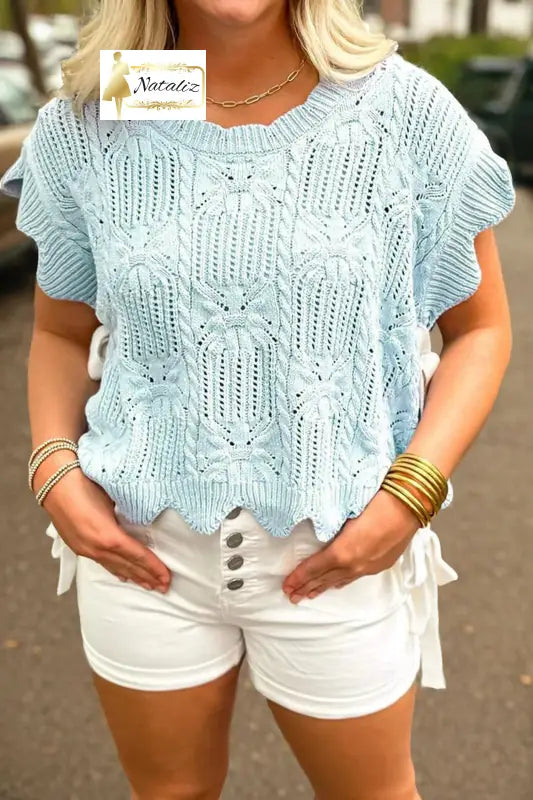 Beau Blue Pointelle Knit Patterned Scalloped Trim Short Sleeve Sweater Dear-Lover Dropshipping