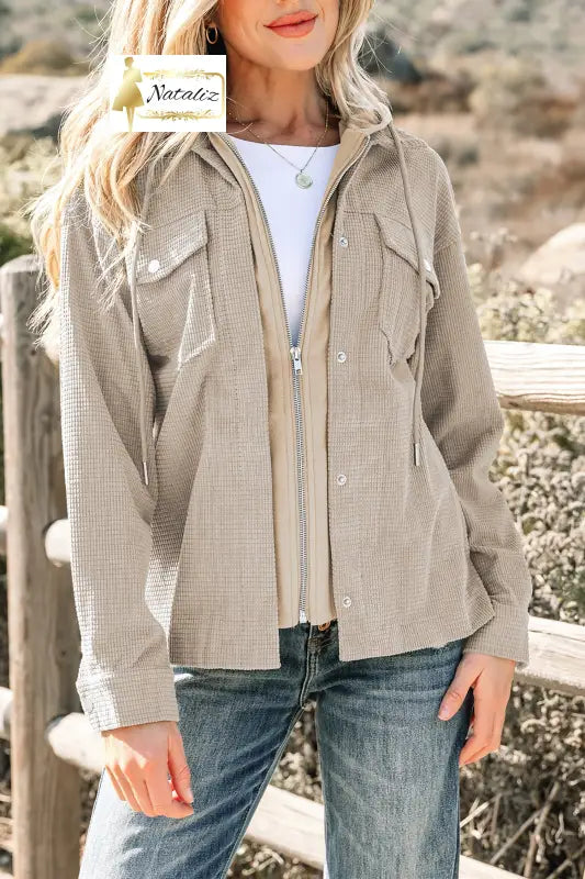 Beige 2 in 1 Thermal Knit Textured Hooded Jacket Dear-Lover Dropshipping