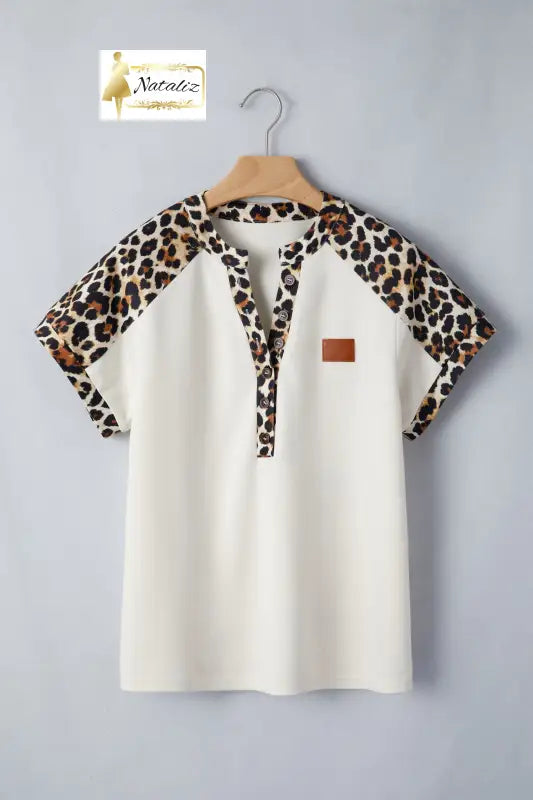 Beige Leopard Patchwork Half Button Short Sleeve Top Dear-Lover Dropshipping