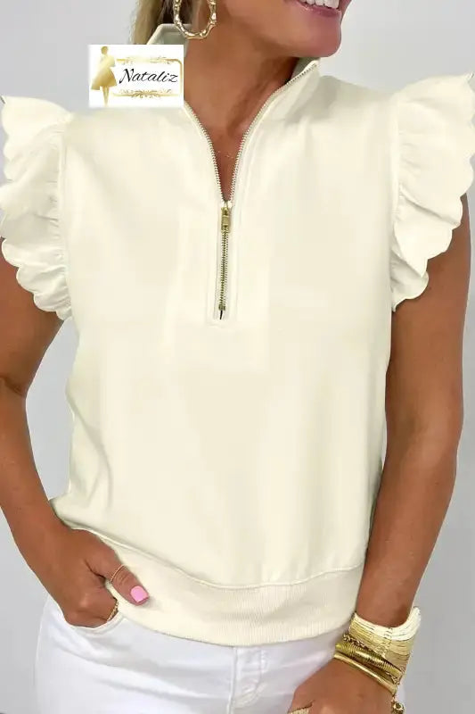 Beige Zipped up Collared Ruffled Short Sleeve Blouse Dear-Lover Dropshipping