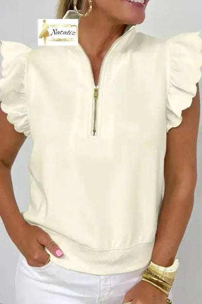 Beige Zipped up Collared Ruffled Short Sleeve Blouse Dear-Lover Dropshipping