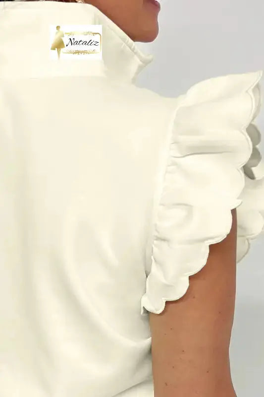 Beige Zipped up Collared Ruffled Short Sleeve Blouse Dear-Lover Dropshipping