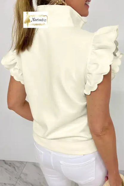Beige Zipped up Collared Ruffled Short Sleeve Blouse Dear-Lover Dropshipping
