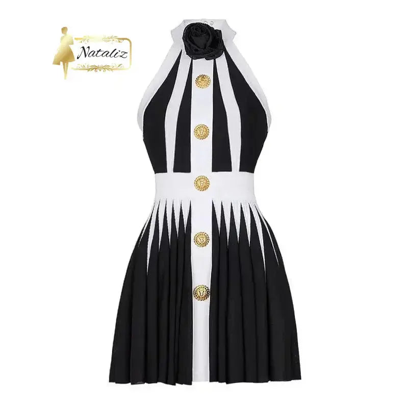 Black and White Halter Neck Pleated Mini Dress Nataliz Boutique Shop