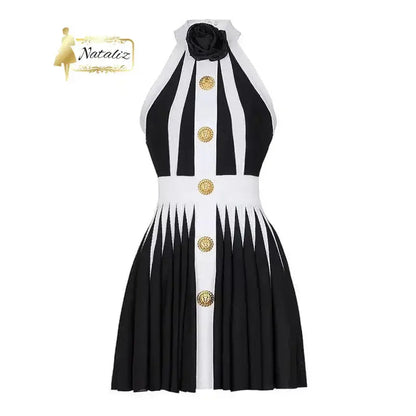 Black and White Halter Neck Pleated Mini Dress Nataliz Boutique Shop
