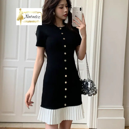 Black-and-white Patchwork Dress With Metal Accents Casual Dresses