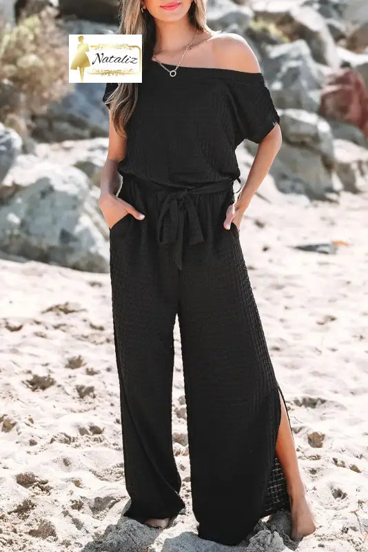 Black Checkered Mesh One Shoulder Short Sleeve Knotted Waist Jumpsuit Dear-Lover Dropshipping