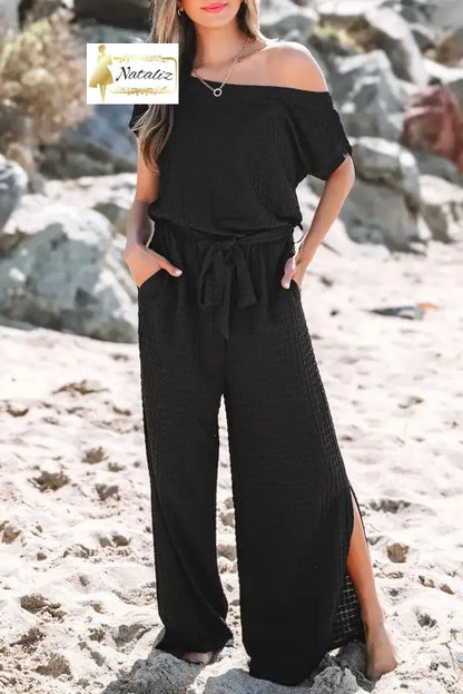 Black Checkered Mesh One Shoulder Short Sleeve Knotted Waist Jumpsuit Dear-Lover Dropshipping