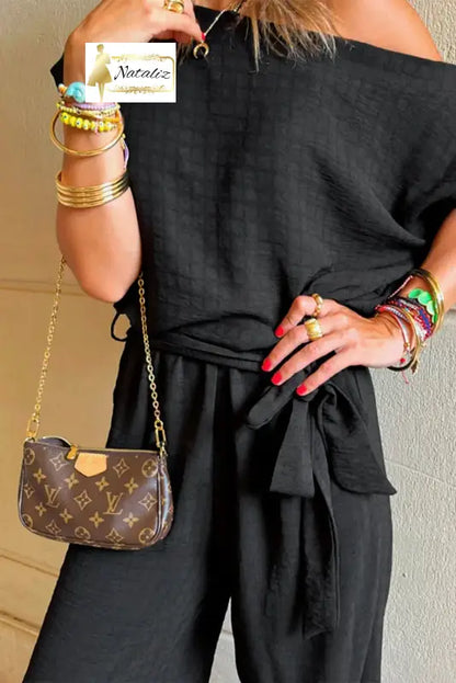 Black Checkered Mesh One Shoulder Short Sleeve Knotted Waist Jumpsuit Dear-Lover Dropshipping