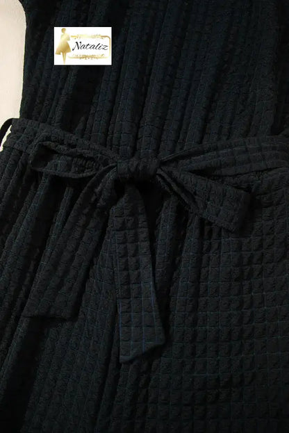 Black Checkered Mesh One Shoulder Short Sleeve Knotted Waist Jumpsuit Dear-Lover Dropshipping