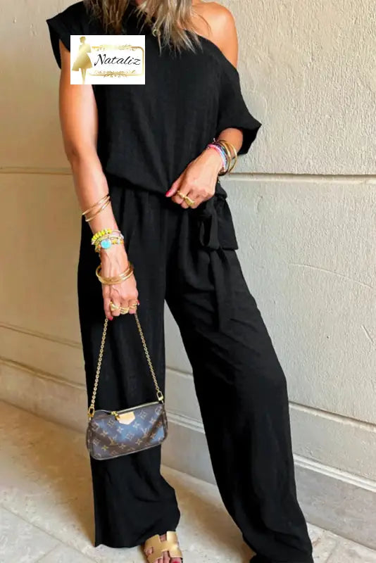 Black Checkered Mesh One Shoulder Short Sleeve Knotted Waist Jumpsuit Dear-Lover Dropshipping