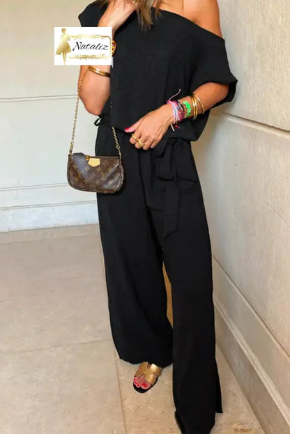 Black Checkered Mesh One Shoulder Short Sleeve Knotted Waist Jumpsuit Dear-Lover Dropshipping