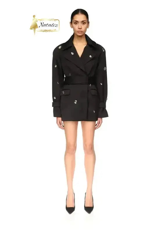 Black Crystal Embroidered Trench Coat Nataliz Boutique Shop