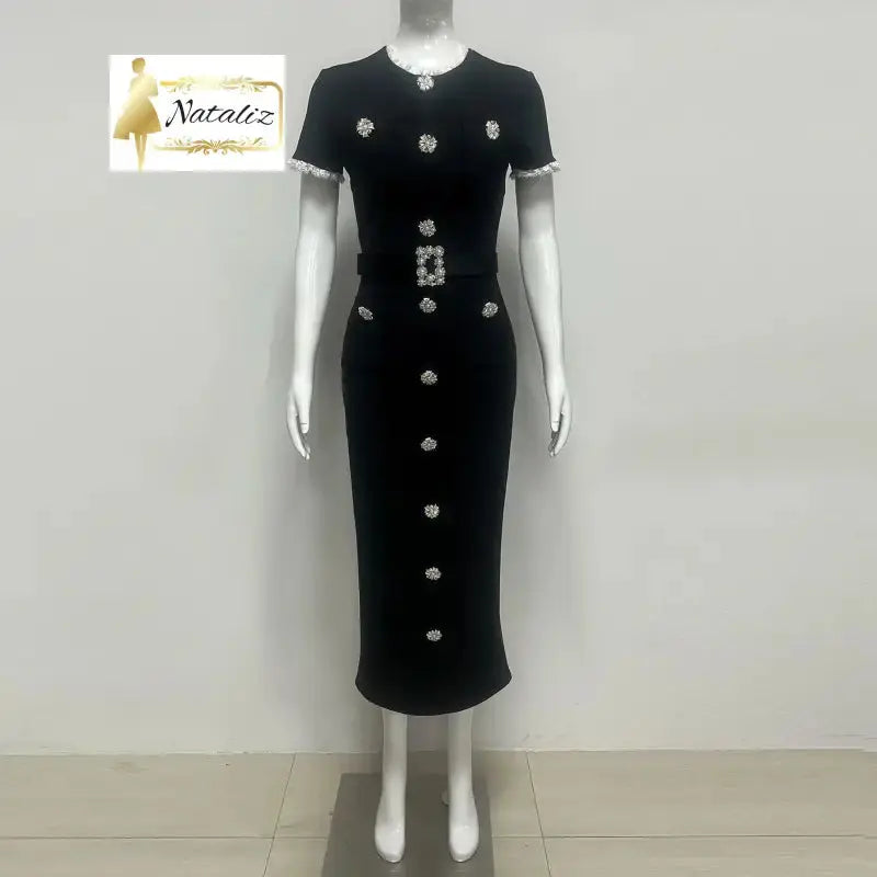 Black Embellished Midi Dress, Short Sleeve ,Belted Crystal Nataliz Boutique Shop