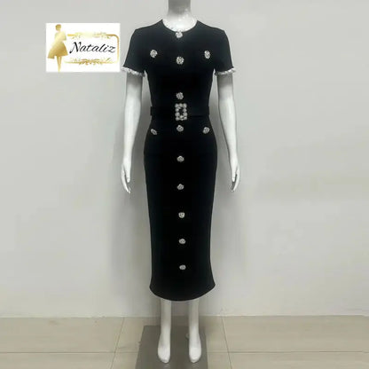 Black Embellished Midi Dress, Short Sleeve ,Belted Crystal Nataliz Boutique Shop