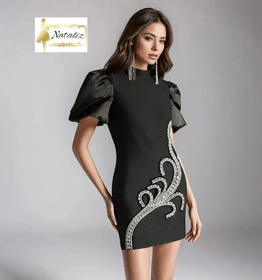 Black Puff Sleeve Mini Dress Beaded Nataliz Boutique Shop