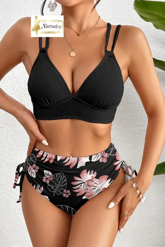 Black Ribbed Knit High Waist 2pcs Bikini Swimsuit Dear-Lover Dropshipping