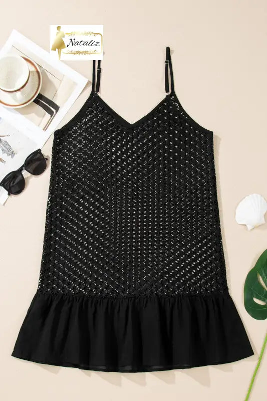 Black See Through Patterned Knit Ruffle Hem Patchwork Beach Cover Up Dear-Lover Dropshipping