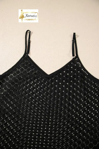 Black See Through Patterned Knit Ruffle Hem Patchwork Beach Cover Up Dear-Lover Dropshipping