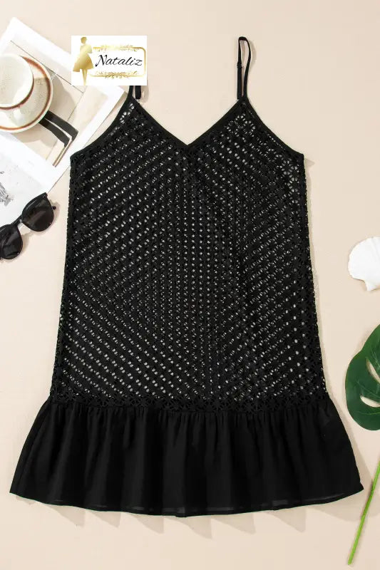 Black See Through Patterned Knit Ruffle Hem Patchwork Beach Cover Up Dear-Lover Dropshipping