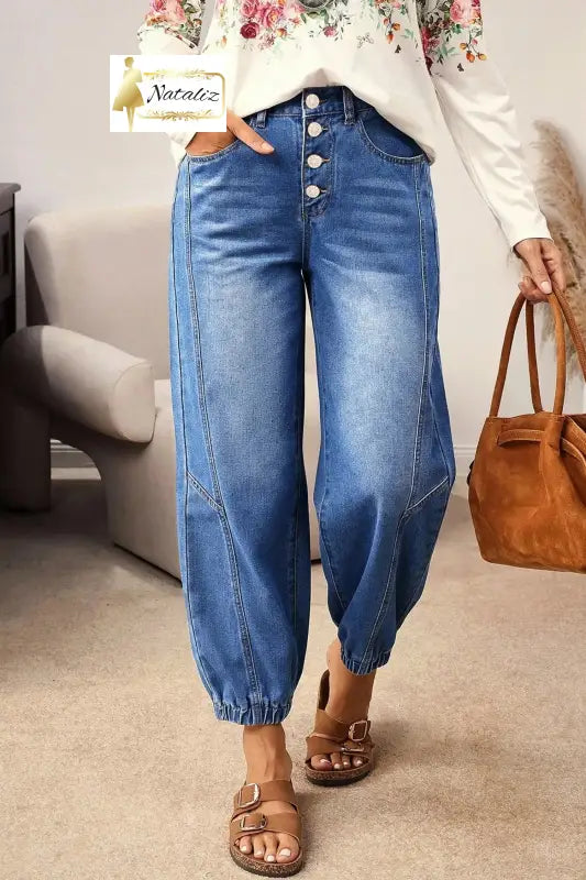Blue 4 Buttons Front Tapered Casual Loose Fit Jeans Dear-Lover Dropshipping