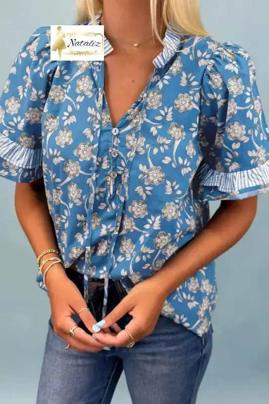 Blue Floral Print Button Tie Neck Striped Detail Short Sleeve Blouse Dear-Lover Dropshipping