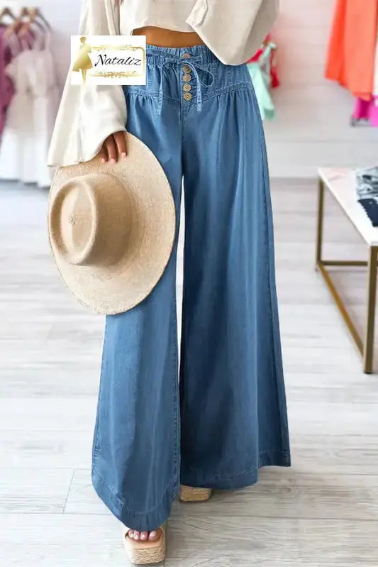 Blue Mineral Wash Button Fly Waist Wide Leg Jeans Dear-Lover Dropshipping