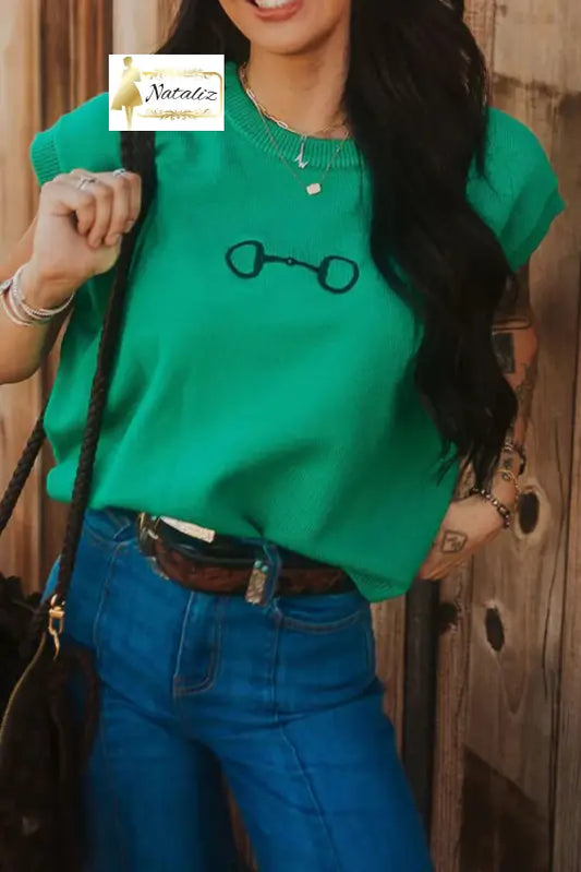 Bright Green Horse Bit Embroidered Loose Short Sleeve Sweater Dear-Lover Dropshipping