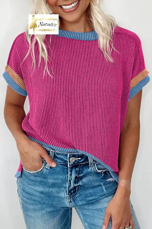 Bright Pink Textured Contrast Trim Round Neck T Shirt Dear-Lover Dropshipping