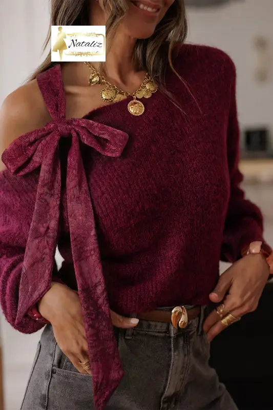 Burgundy Lace Bowknot Asymmetric Neck Sweater Dear-Lover Dropshipping