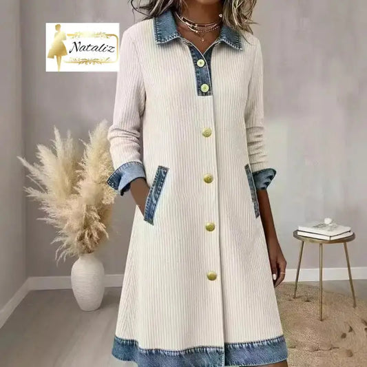 Buttoned Long-Sleeve Corduroy Denim Dress Dresses