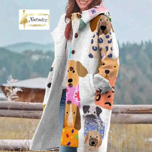 Cardigan Hoodie With Buttoned Lapel Striped With Dog Designs Jacket