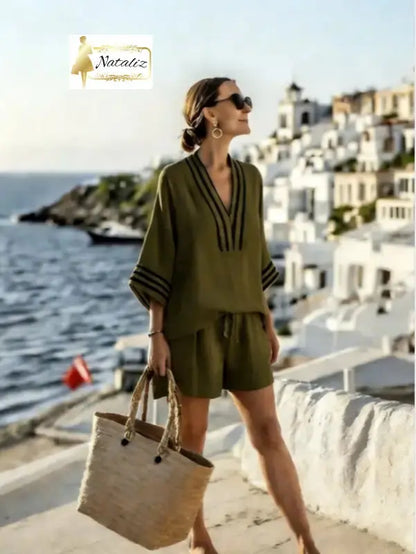 Casual And Versatile V-neck Elegant And Fashionable Shorts and Top Set Nataliz