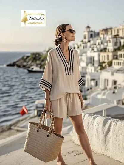 Casual And Versatile V-neck Elegant And Fashionable Shorts and Top Set Nataliz