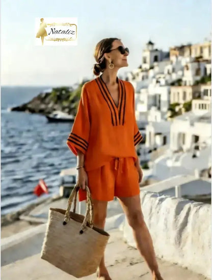 Casual And Versatile V-neck Elegant And Fashionable Shorts and Top Set Nataliz